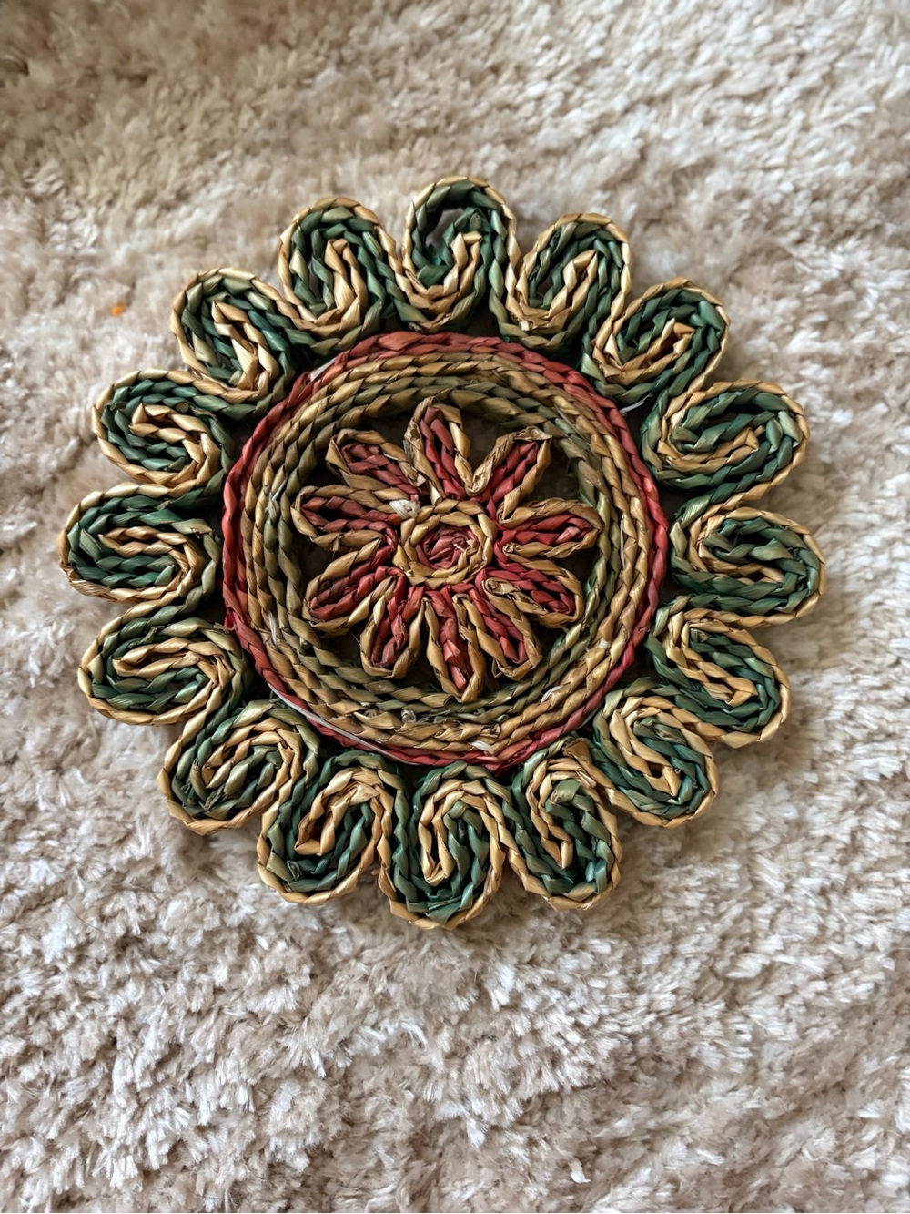 Handwoven Green, Tan & Red Floral Straw Accent Mat